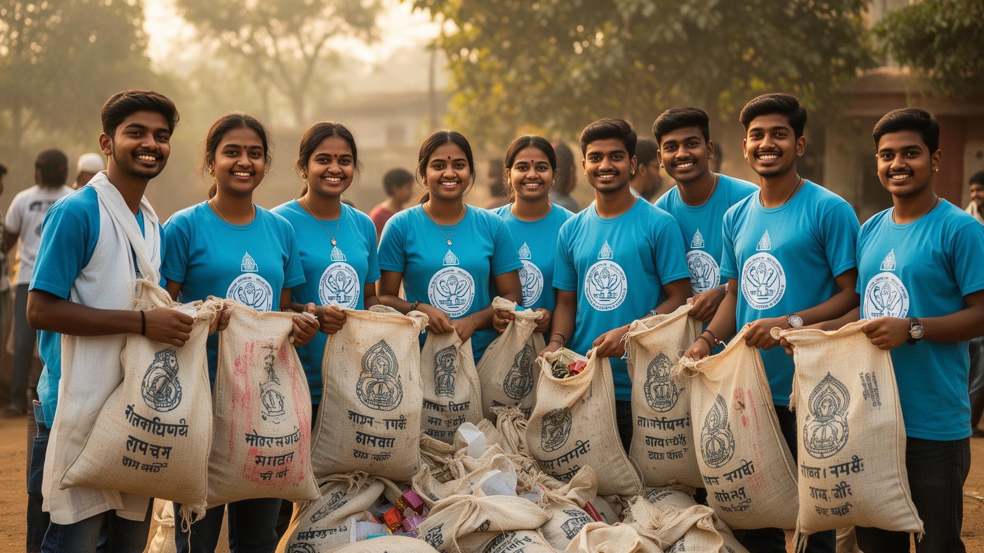 Young volunteers in branded shirts holding collection bags