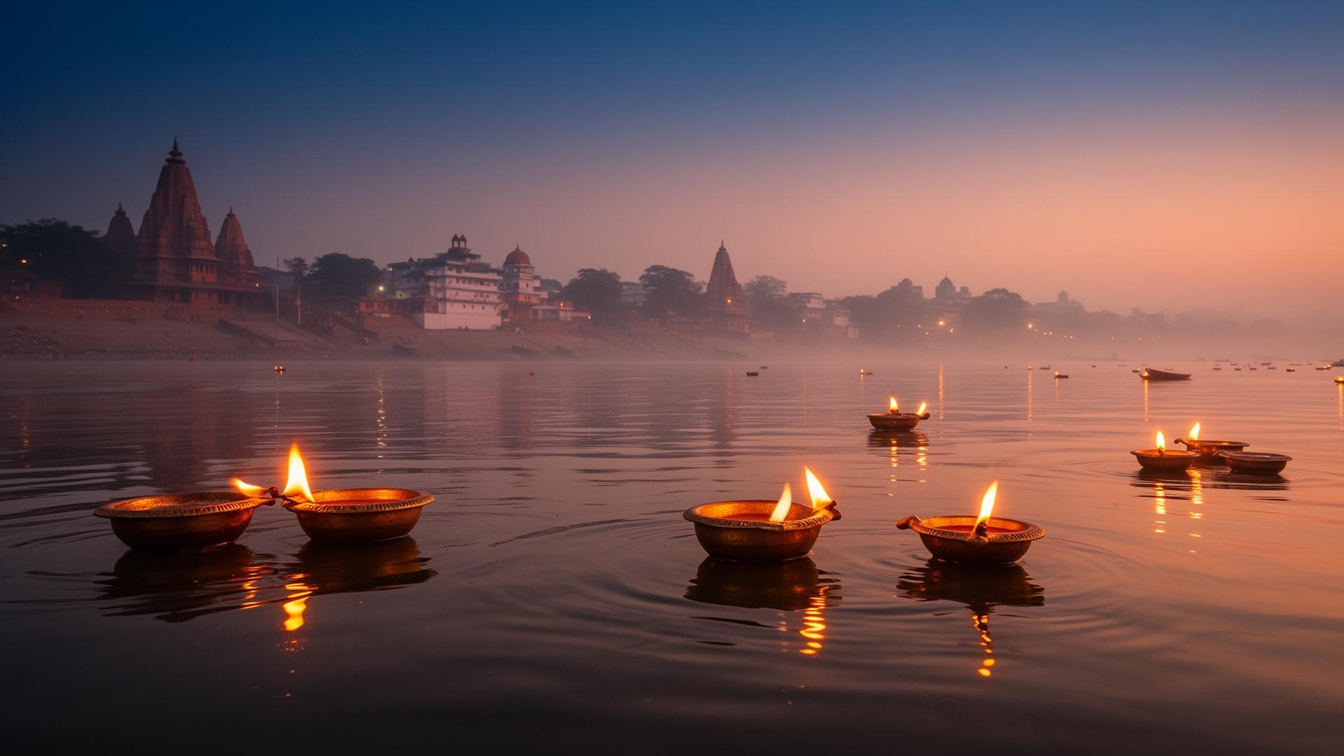 Brass diyas floating on a calm river at dawn with temple silhouettes