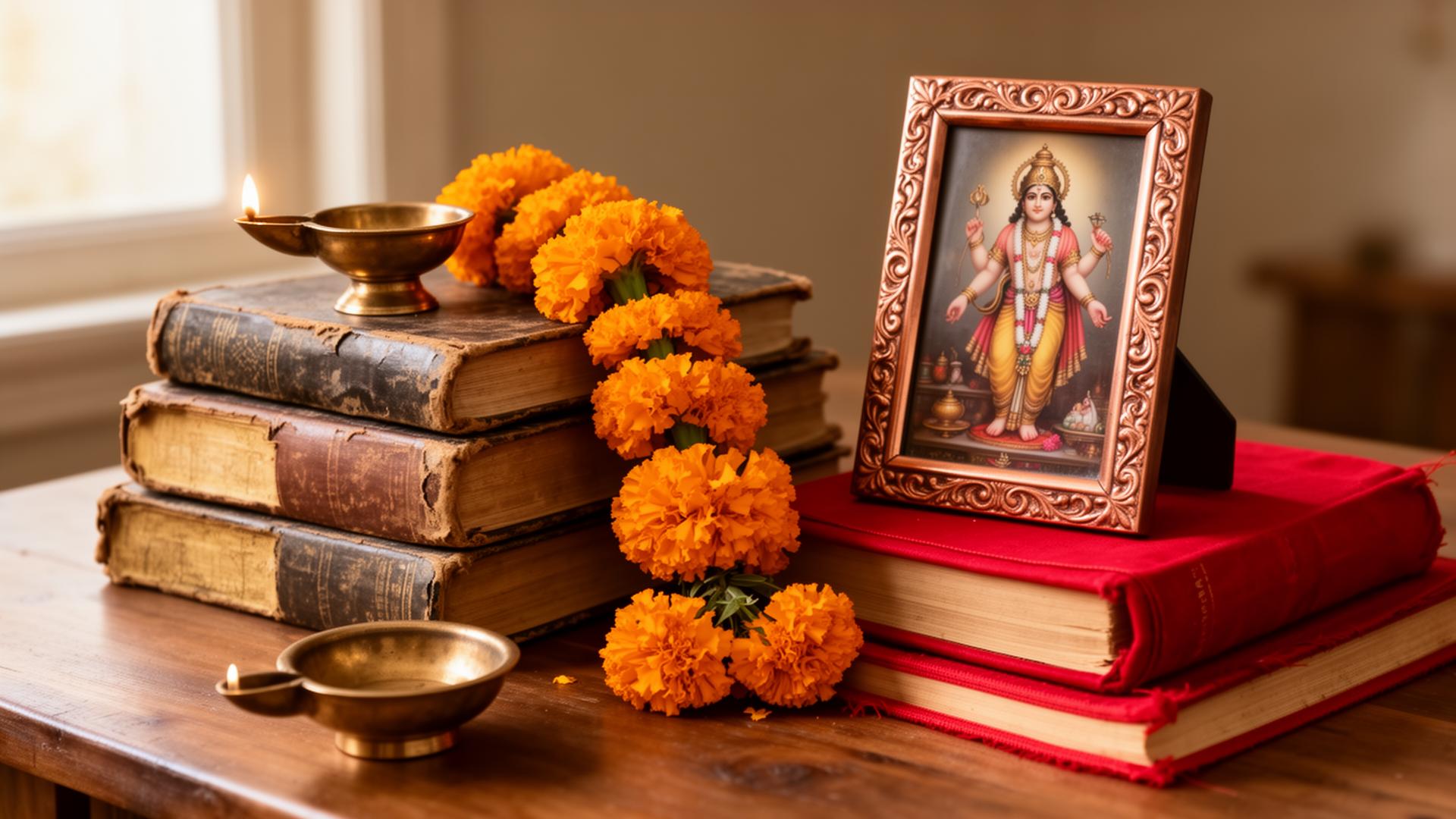 Old religious items respectfully arranged on a wooden table